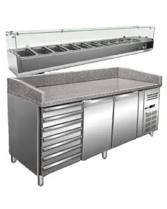 Table à pizza 2 portes et 7 tiroirs avec marbre et kit réfrigéré REDFOX MTP 2D7ZN + MCH 4200